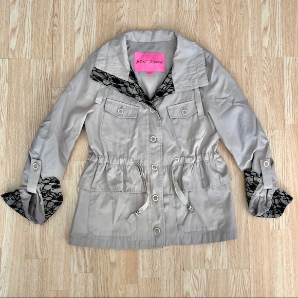 Betsey Johnson Tan Black Ruffled Lace Utility Safari Jacket S - Picture 1 of 11
